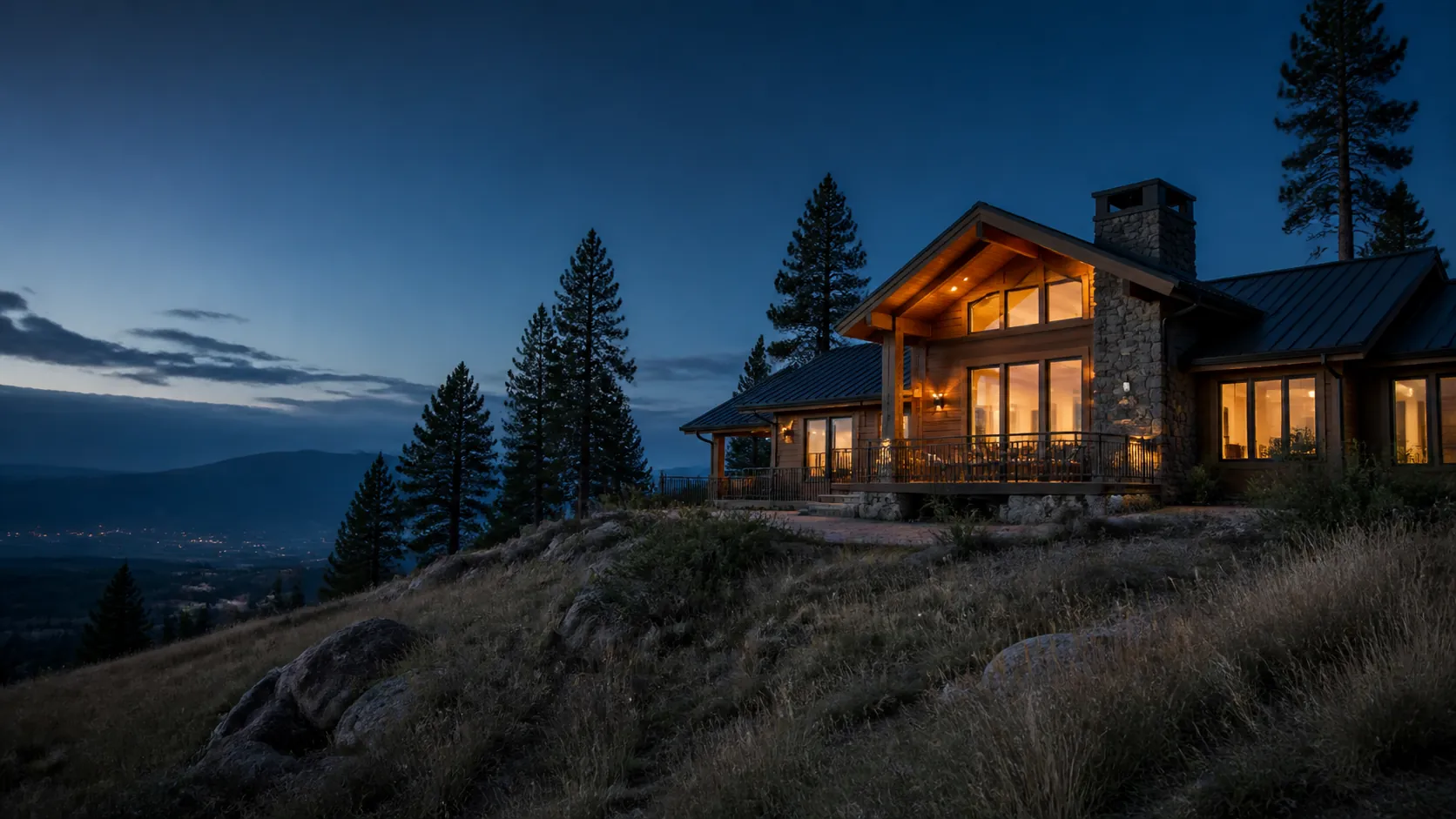 Contemporary North Okanagan home overlooking a valley at dusk